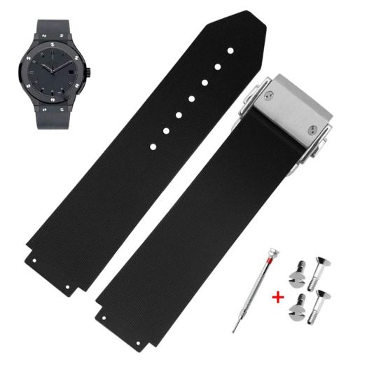 25mm Rubber Watch Strap with Replacement Band Tool for Hublot Big Bang (Black Stripe - Silver Buckle)