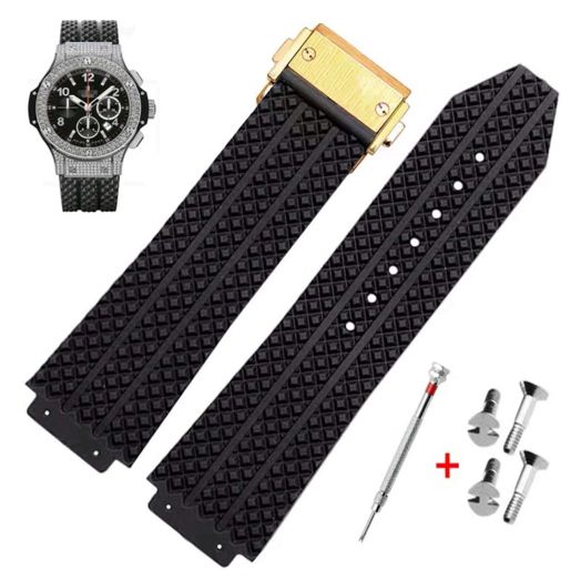 25mm Rubber Watch Strap with Replacement Band Tool for Hublot Big Bang (Black Particle - Golden Buckle)