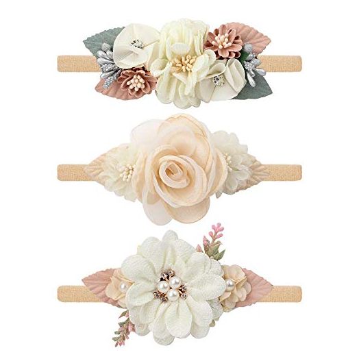 Baby Girl Nylon Headbands Infant Flower Elastic Hair band Bows Wraps For Newborn Toddler Hair Accessories Pack of 3 (A-Beige)