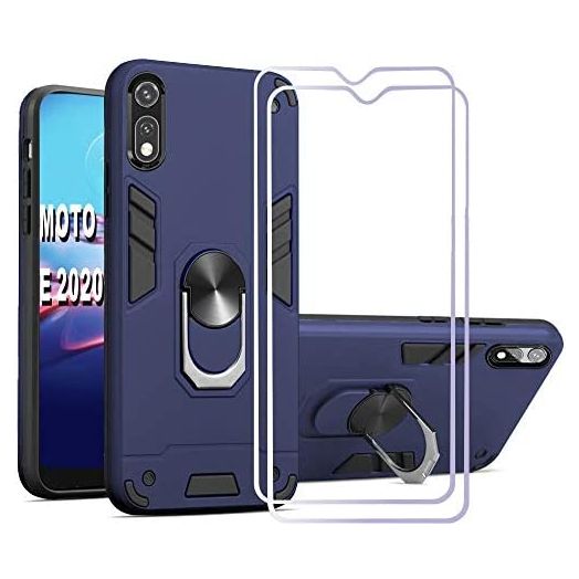 Moto E 2020, Moto e xt2052dl Phone Case,Folmeikat Screen Protector [2Pack] 360 Degree Rotating Metal Ring Slim Shock Absorption Reinforced Corner Soft TPU for Motorola Moto E 2020 6.2"(Blue)