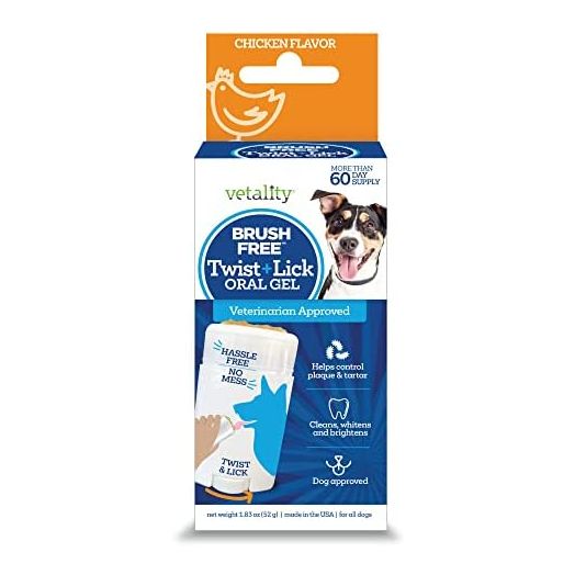 Vetality Brush Free Twist & Lick Dental Gel for Dogs | ProLong Technology Cleans Teeth and Freshens Breath | Tasty Chicken Flavor | Fights Gingivitis and Plaque | 30 Day Supply