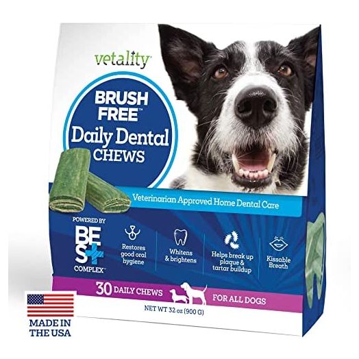 Vetality Brush Free Daily Dental Care Chews for Dogs | Cleans Teeth and Freshens Breath | 30 Count | B.E.S.T. Complex Provides Complete Oral Cleaning and Tartar Control