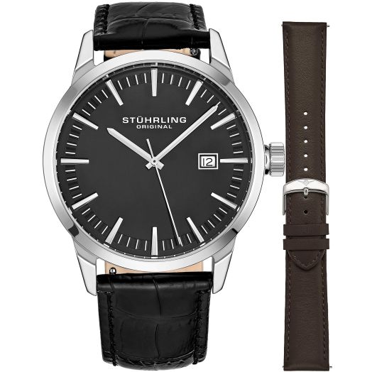Stuhrling Original Mens Minimalist Swiss Quartz Stainless Steel Dress Wrist-Watch, Quick-Set Date, 2 Easy-Interchangeable Leather Straps – 555AZ Series