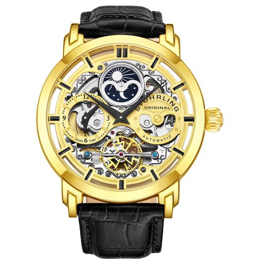 Stuhrling Original Mens Automatic-Self-Wind Luxury Dress Skeleton Dual Time Gold-Tone Wrist-Watch 22 Jewels 47 mm Stainless Steel Case Decorative Exposed Back Embossed Supple Genuine Leather Strap