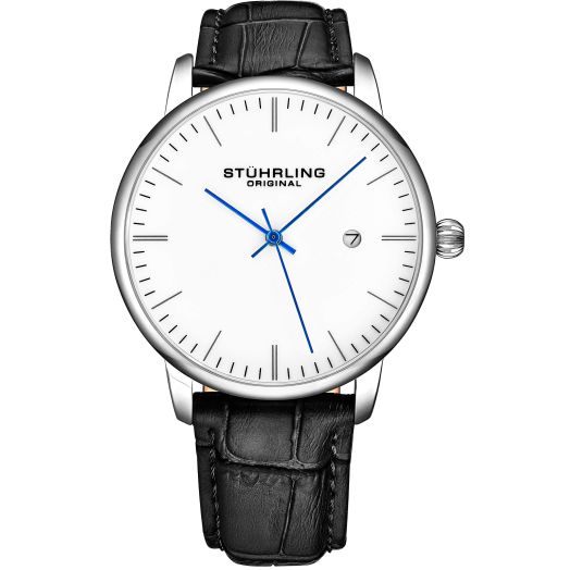 Stuhrling Original Mens Watch Black Leather Strap - Dress + Casual Design - White Analog Watch Dial with Date, 3997Z Watches for Men Collection