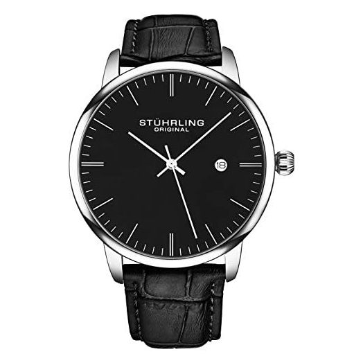 Stuhrling Original Mens Black Watch Calfskin Leather Strap - Classic Dress Wristwatch - Minimalist Analog Watch Dial with Date Mens Black Watch