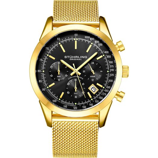 Stuhrling Original Chronograph Mens Watch Analog Watch Dial with Date - Tachymeter, Leather or Mesh Band (Gold)