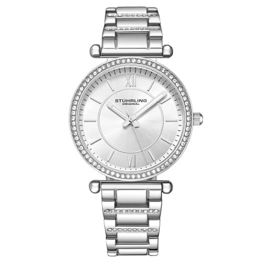 Stuhrling Women's Dress Quartz Watch with Crystal Studded Bezel and Stainless Steel Bracelet (Silver)