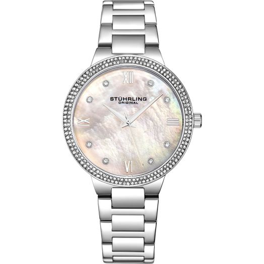 Stuhrling Original Womens Watch - Pave Crystal Bezel - Mother of Pearl Dial with Crystal Accents, 3907 Watches for Women Collection (Silver)