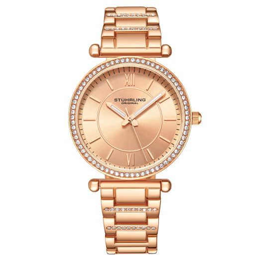 Stuhrling Women's Dress Quartz Watch with Crystal Studded Bezel and Stainless Steel Bracelet (Rose Gold)
