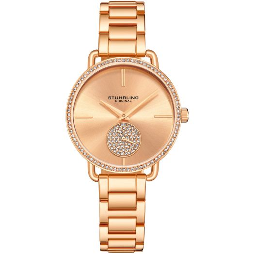 Stuhrling Original Women's Dress Watch with Crystal Studded Bezel Second Hand Subdual (Rose Gold)
