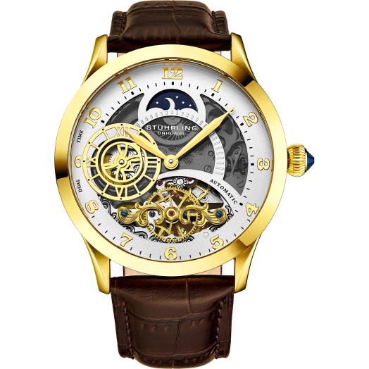 Stührling Original Automatic Watch for Men Skeleton Watch Dial, Dual Time, AM/PM Sun Moon, Leather Band, 571 Mens Watches Series (Gold-A)