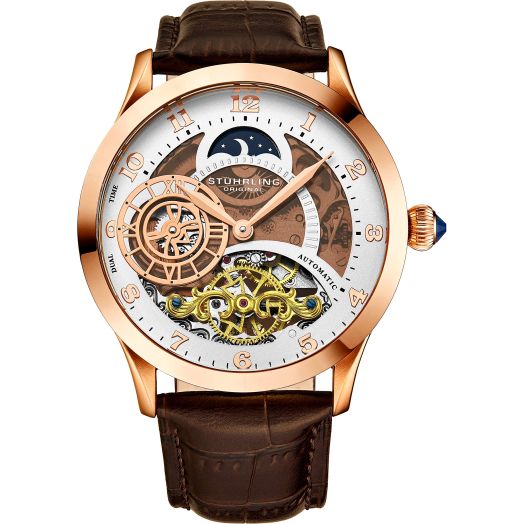 Stührling Original Automatic Watch for Men Skeleton Watch Dial, Dual Time, AM/PM Sun Moon, Leather Band, 571 Mens Watches Series (Rose Gold-A)