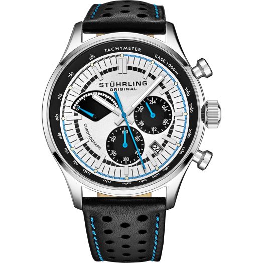 Stuhrling Original Men's Leather Chronograph Watch - Stainless Steel Case - Analog Dial with Date (Black)