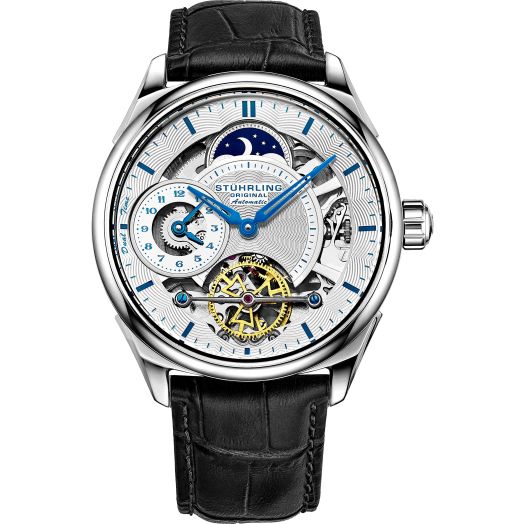 Stuhrling Mens Automatic Dress Watch Stainless Steel with Automatic Skeleton Mechanical Movement Duel Time Sub-Dial and AM/PM Indicator and Alligator Embossed Leather Strap