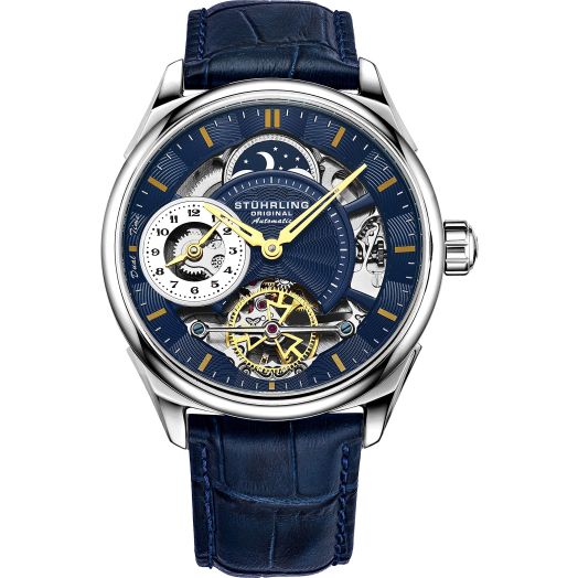 Stuhrling Mens Automatic Dress Watch Stainless Steel with Automatic Skeleton with Duel Time AM/PM Indicator