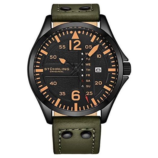 Stuhrling Original Mens Leather Watch -Aviation Watch, Quick-Set Day-Date, Leather Band with Steel Rivets, Men Watch Collection