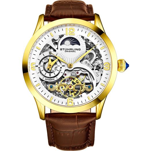 Stührling Original Automatic Watch for Men Skeleton Watch Dial, Dual Time, AM/PM Sun Moon, Leather Band, Mens Watches Series