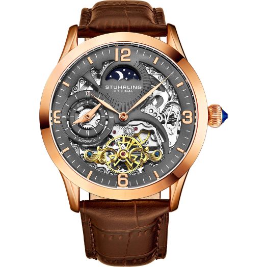 Stührling Original Automatic Watch for Men Skeleton Watch Dial, Dual Time, AM/PM Sun Moon, Leather Band, Mens Watches Series