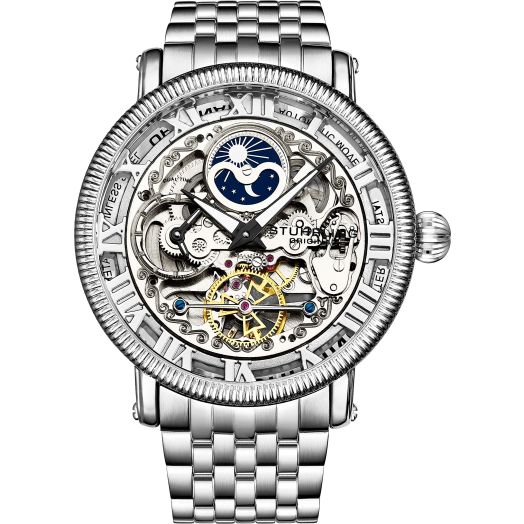 Stührling Original Mens Automatic Watch, Skeleton Watch Analog Dial, Silver Accents, Dual Time, AM/PM Sun Moon, Stainless Steel Bracelet, 3922 Watches for Men Collection (Silvery)