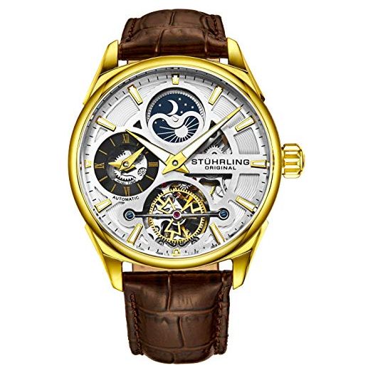 Stuhrling Original Skeleton Dress Analog Watch for Men, Automatic Mechanical Wristwatch, Gold Plated/Stainless Steel, Genuine Calfskin Leather Band (Gold-A)