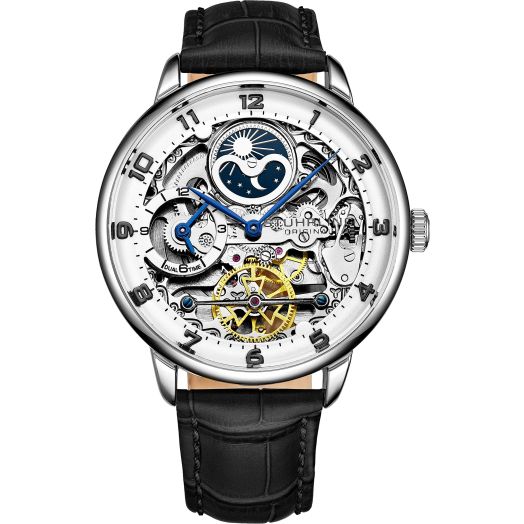 Stuhrling Men's Automatic Skeleton Watch - Analog Dial, Dual Time, AM/PM Sun Moon Indicator (Silver)