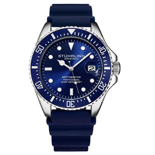 Stuhrling Original Men's Watch Dive Watch Silver 42 MM Case with Screw Down Crown Rubber Strap Water Resistant to 330 FT (Black)