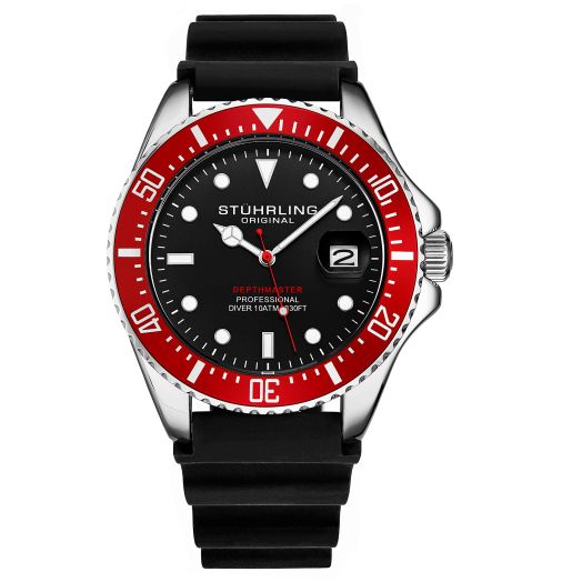 Stuhrling Original Men's Watch Dive Watch Silver 42 MM Case with Screw Down Crown Rubber Strap Water Resistant to 330 FT (Red)
