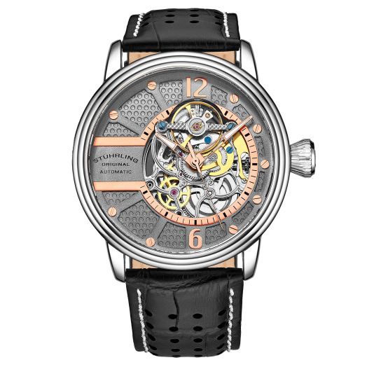 Stuhrling Original Mens Watch - Automatic Self Winding Dress Watch - Skeleton Watches for Men - Leather Watch Strap Mechanical Watch Analog Watch for Men (Black/Gray)