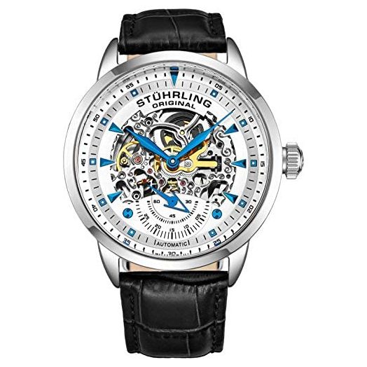 Stuhrling Original Mens Automatic Watch Skeleton Watches for Men - Black Leather Watch Strap Mechanical Watch Silver Executive Watch Collection