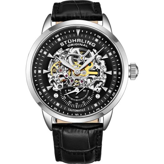 Stuhrling Original Mens Watch-Automatic Watch Skeleton Watches for Men - Black Leather Watch Strap Mechanical Watch Silver Executive (Black)