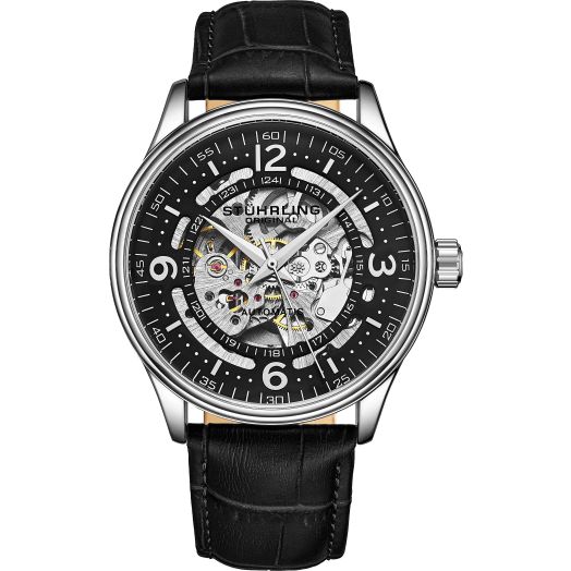 Stuhrling Original Men's Automatic Skeleton Dress Watch Genuine Leather Band with self Winding Mechanical Movement (Black)