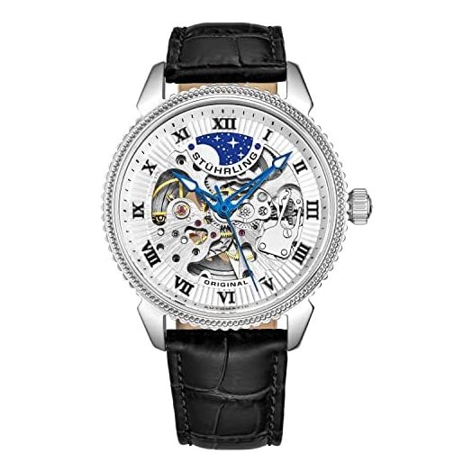 Stuhrling Original Mens Watch - Skeleton Watches for Men Automatic Self Winding Movement Dress Watch with Premium Black Leather Band Mechanical Watch for Men