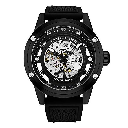 Stuhrling Original Mens Automatic Watch Skeleton Stainless Steel Self Winding Dress Watch with Rubber Strap 50MM