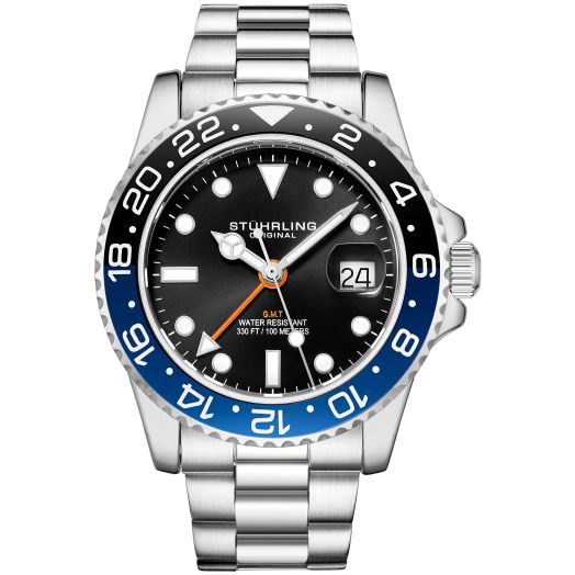 Stuhrling Original Men's Watch Stainless Steel Triple Row Bracelet Dual Time Date with Screw Down Crown