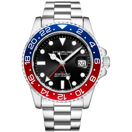 Stuhrling Original Men's Watch Stainless Steel Triple Row Bracelet Dual Time Date with Screw Down Crown