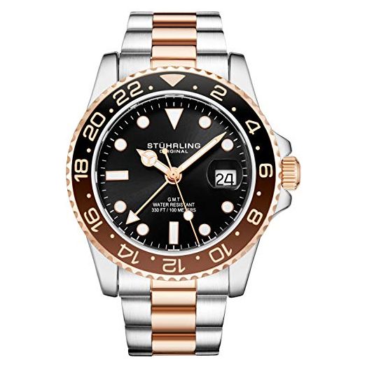 Stuhrling Original Mens Stainless Steel Triple Row Bracelet GMT Watch - Quartz, Dual Time, Quickset Date with Screw Down Crown, Water Resistant up to 10 ATM