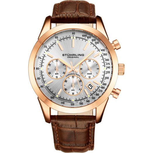 Stuhrling Original Mens Watches Chronograph Analog Silver Dial with Date Rose Gold Steel Case Tachymeter 24-Hour Subdial Mens Brown Leather Strap