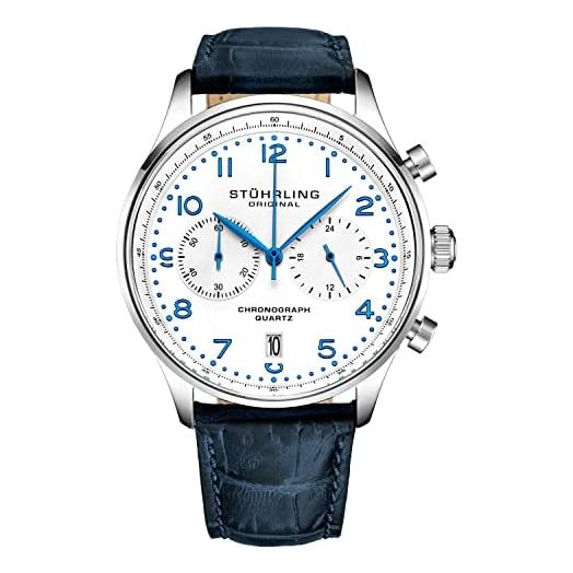 Stuhrling Original Mens Quartz Chronograph Dress Watch - Stainless Steel Case and Leather Band - Analog Dial with Date GR1-Q Mens Watches Collection