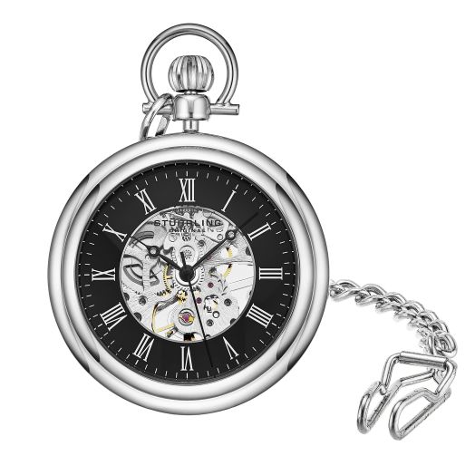 Stuhrling Original Men's Pocket Watch Stainless Steel Analog Skeleton Watch Hand Wind Mechanical Movement Stainless Steel Chain (Black)