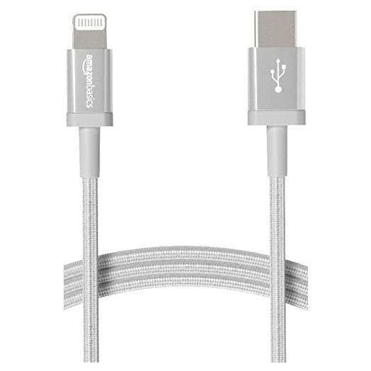 Amazon Basics USB-C to Lightning Charger Cable, Nylon Braided Cord, MFi Certified Charger for Apple iPhone 14 13 12 11 X Xs Pro, Pro Max, Plus, iPad, 6 Foot, Silver