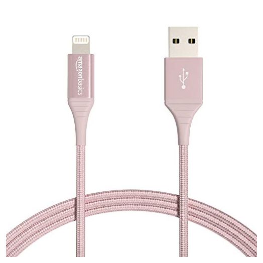Amazon Basics USB-A to Lightning Charger Cable, Nylon Braided Cord, MFi Certified Charger for Apple iPhone 14 13 12 11 X Xs Pro, Pro Max, Plus, iPad, 10,000 Bend Lifespan, 6 Foot, Rose Gold