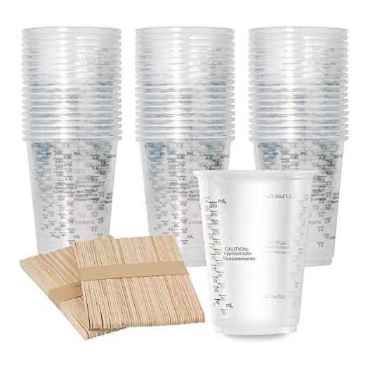 100pcs 8oz Graduated Clear Plastic Measuring Cups with 100pcs Wooden Stirring Sticks for Mixing Paint, Pigments, Epoxy Resins, Resins