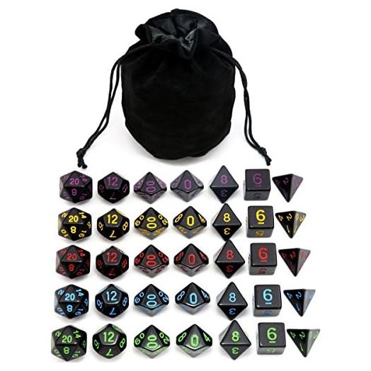5 Sets New Black Polyhedral Dice with Satin-Lined Velvet Bag for Dungeons and Dragons DND RPG MTG D20 D12 D10 D8 D6 D4