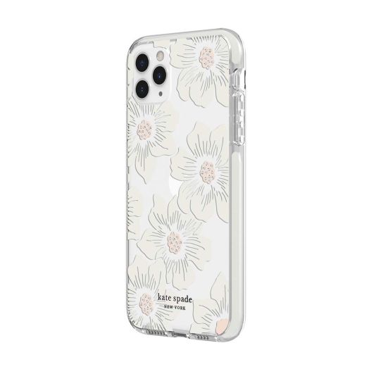 kate spade new york Defensive Hardshell Case (1-PC Comold) for iPhone 11 Pro Max - Hollyhock Floral Clear/Cream with Stones/Cream Bumper