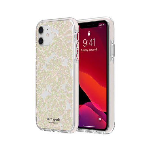 Kate Spade Defensive Hardshell Case for iPhone 11-Island Leaf Pink Glitter Clear