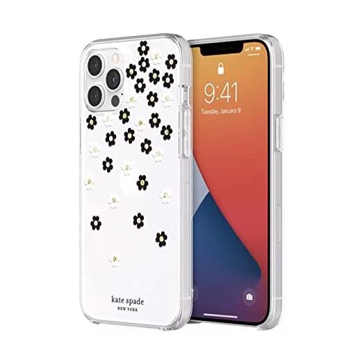 Kate Spade New York Protective Hardshell Case (1-PC Comold) for iPhone 12 Pro Max - Scattered Flowers Black/White/Gold Gems/Clear/White Bumper