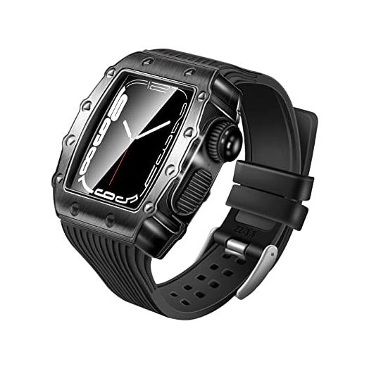 Metal Case for Apple Watch 8 7 45mm 6 Series 44mm Band with Cover Heavy Duty Rugged Case Glass Screen Protector Silicon Strap for iWatch 45mm 5 4 SE 44mm Men's Full Protective Cover (Black)