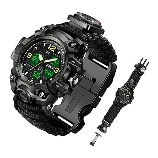Mens Tactical Military Digital Watch, 23-in-1 Survival Multi-Functional Army Outdoors Waterproof Camouflage Sports Watches Dual Display Analog LED Electronic Wristwatches with Compass Paracord Band