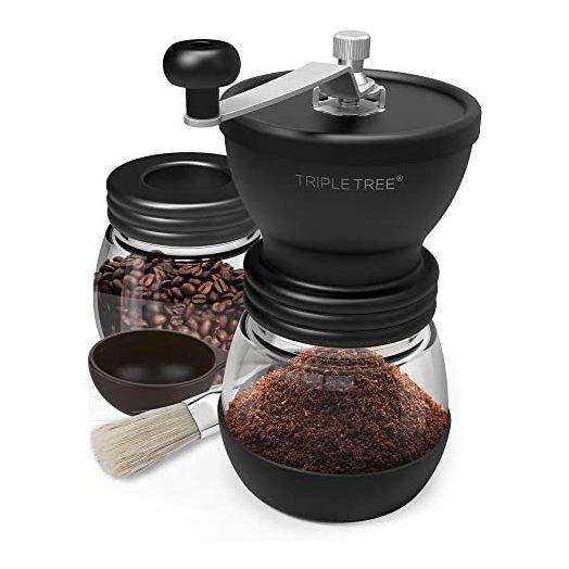 Manual Coffee Grinder with Ceramic Burrs, Hand Coffee Mill with Two Glass Jars(11oz each), Brush and Tablespoon Scoop